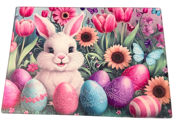 New Easter Bunny & Eggs Theme on Tempered Glass Cutting Board. 11" x 8"