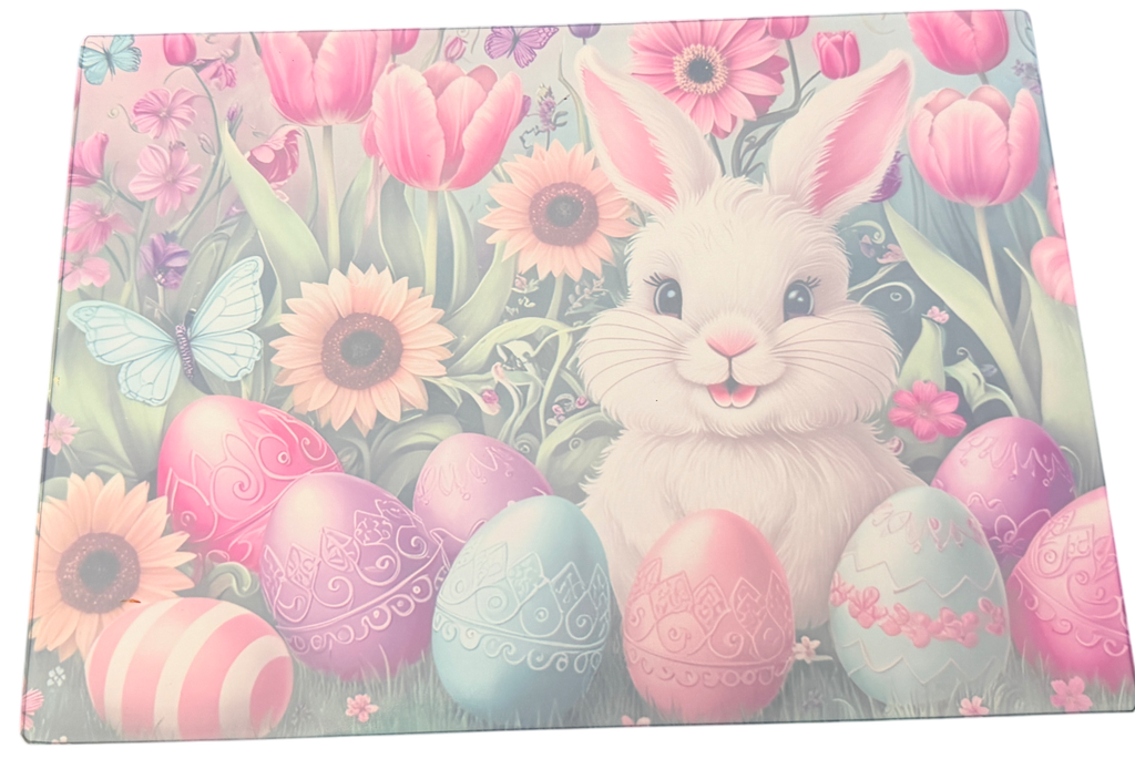 New Easter Bunny & Eggs Theme on Tempered Glass Cutting Board. 11" x 8"