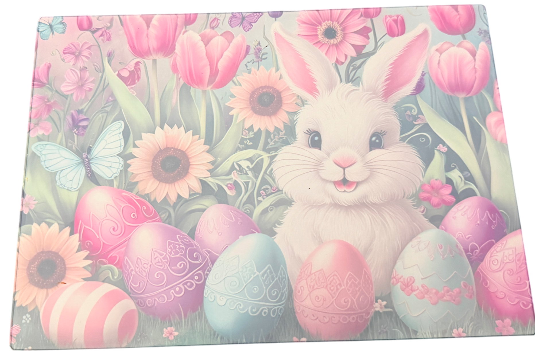 New Easter Bunny & Eggs Theme on Tempered Glass Cutting Board. 11" x 8"