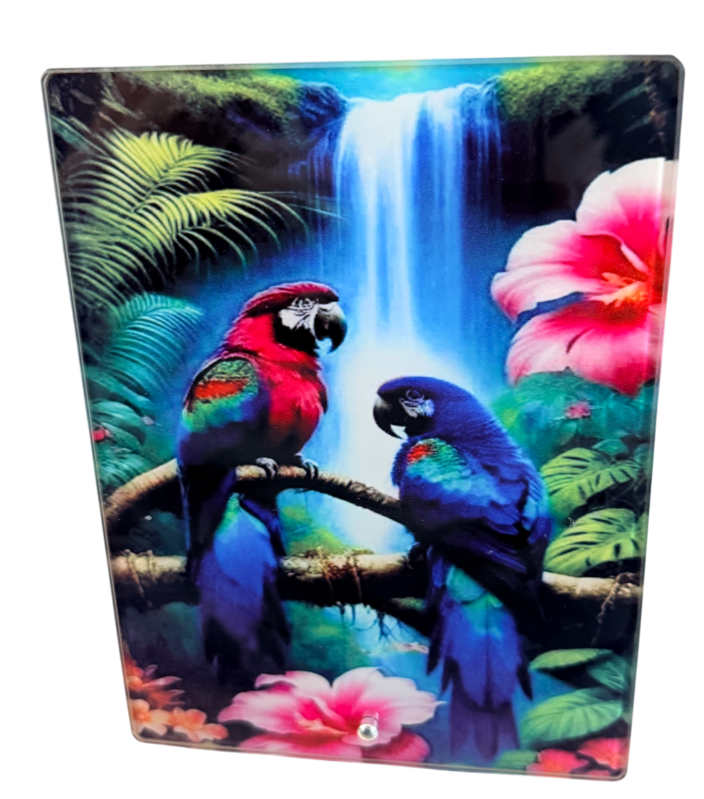 New Colorful Birds & Waterfall Printed on Glass with Stand.  6" x 8"