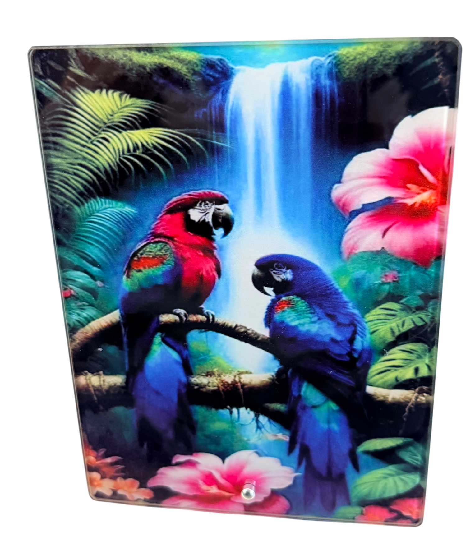 New Colorful Birds & Waterfall Printed on Glass with Stand.  6" x 8"