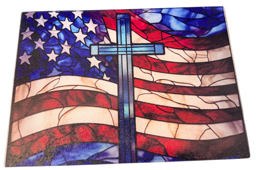 Patriotic Theme Tempered Glass Cutting Board & Home Decor. 11" x 8"