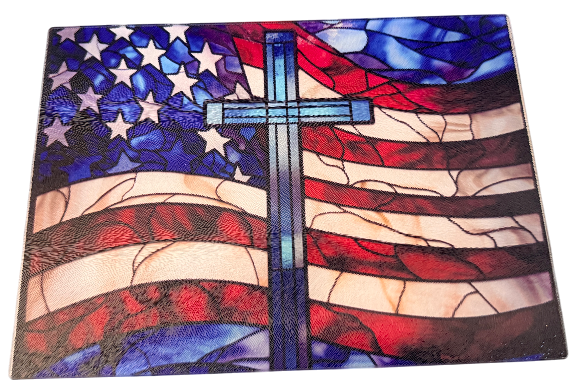 Patriotic Theme Tempered Glass Cutting Board & Home Decor. 11" x 8"