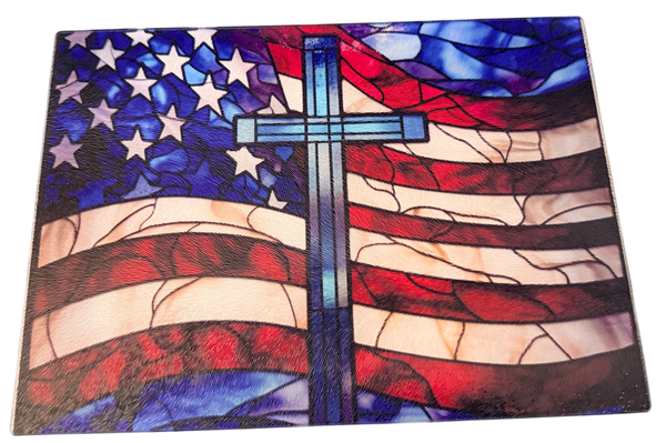 Patriotic Theme Tempered Glass Cutting Board & Home Decor. 11" x 8"