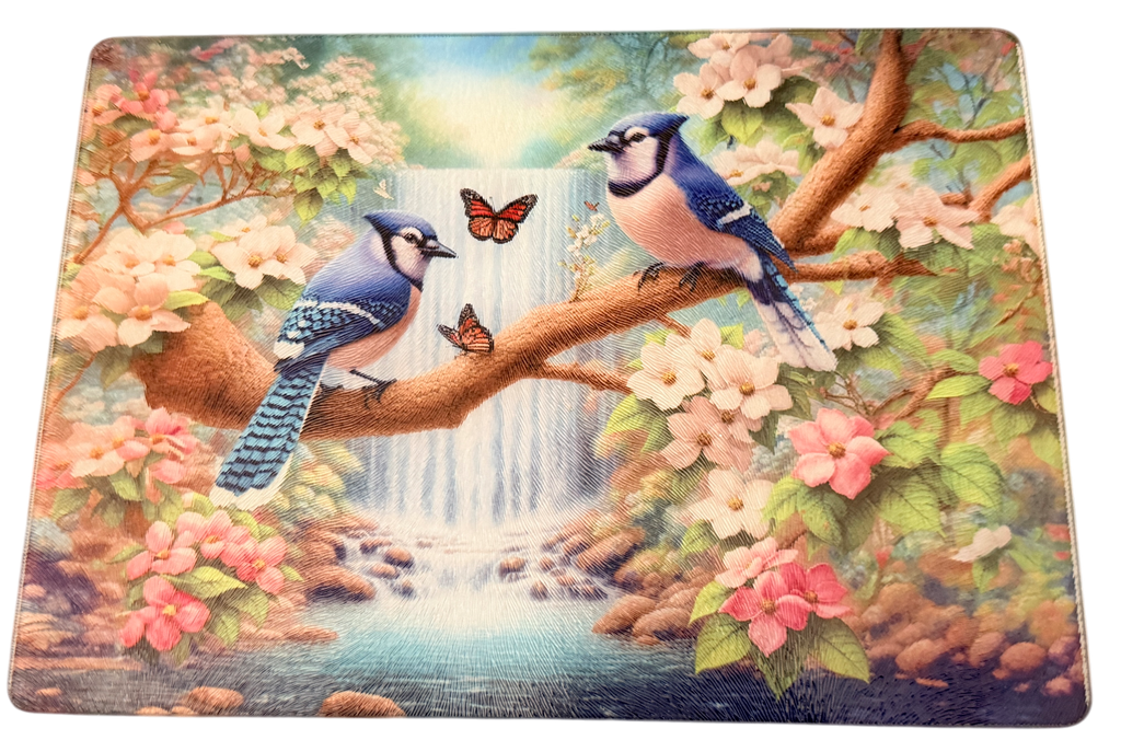 New Bluebirds, Waterfall and Floral Design on Tempered Glass Cutting Board. 11" x 8"