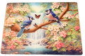 New Bluebirds, Waterfall and Floral Design on Tempered Glass Cutting Board. 11" x 8"
