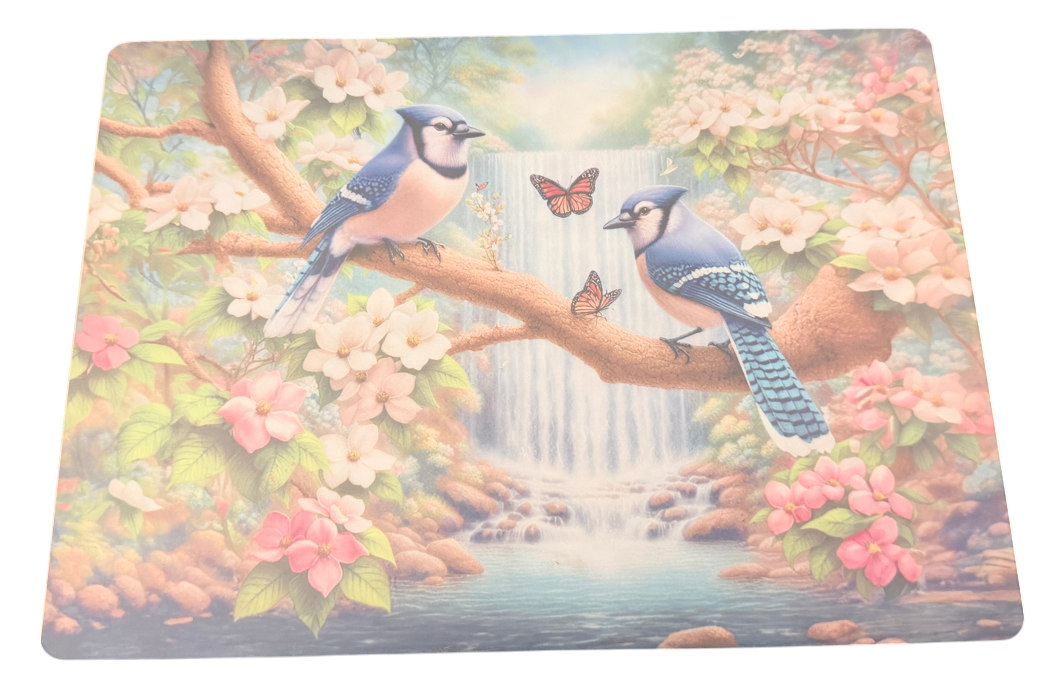New Bluebirds, Waterfall and Floral Design on Tempered Glass Cutting Board. 11" x 8"