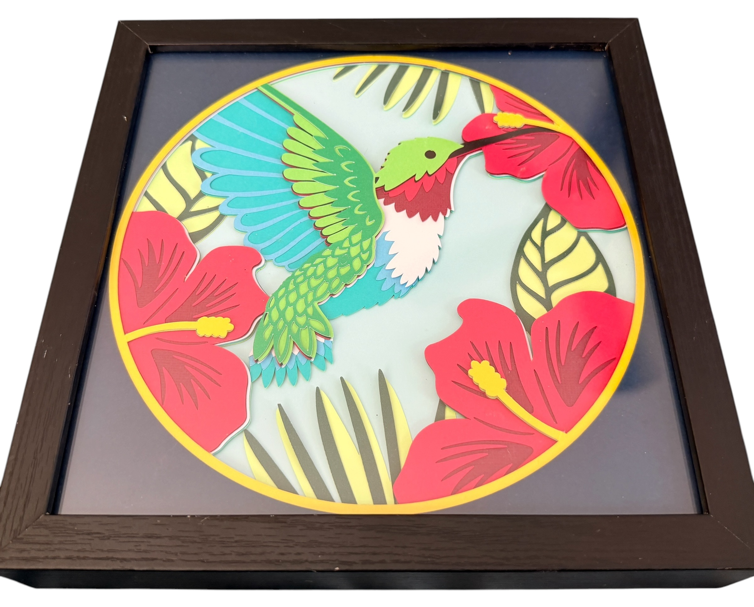 New Colorful Hummingbird Shadow Box. 9" x 9". Choice of Frame Color