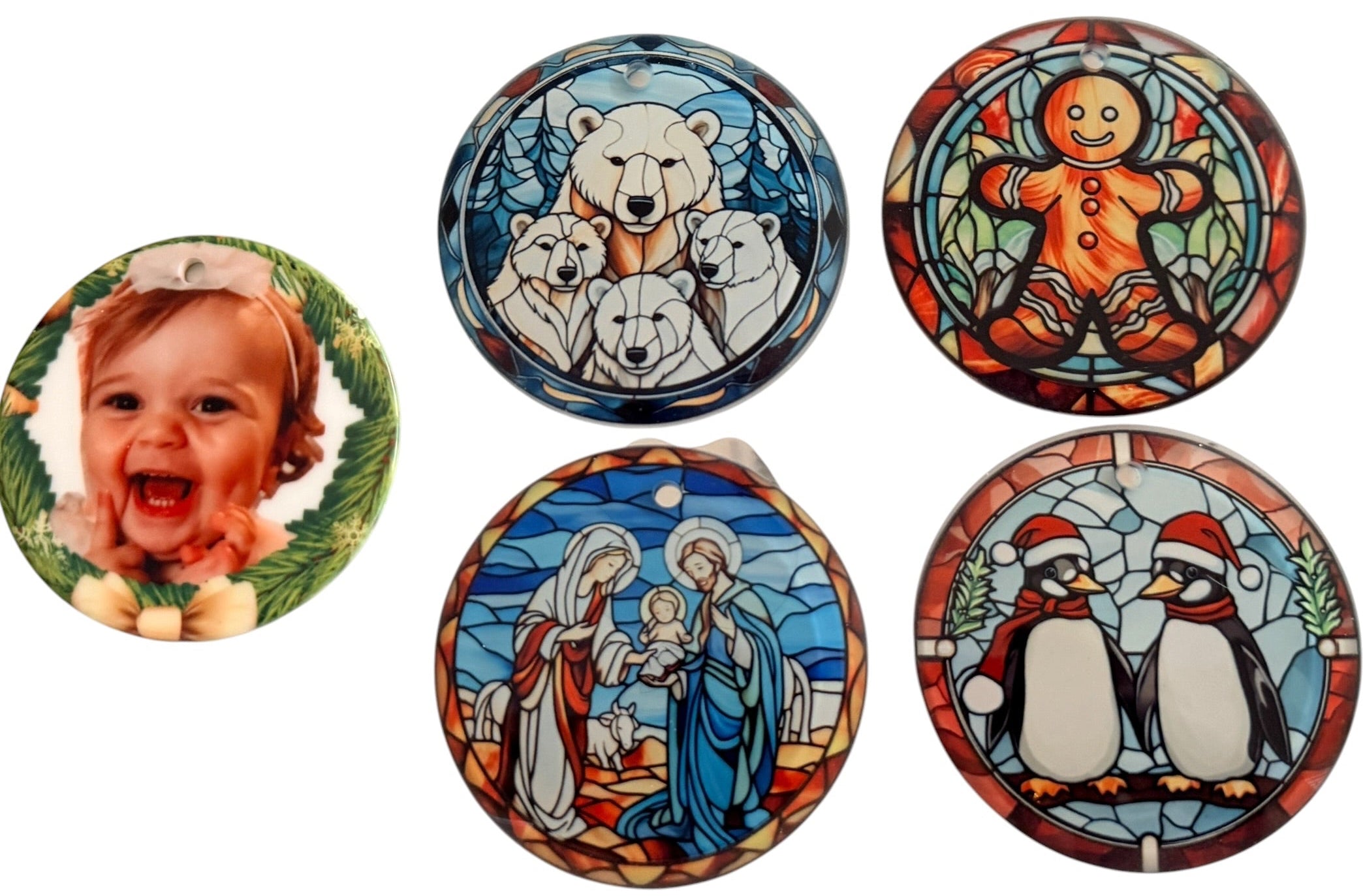 Ceramic 3" Round Ornaments. One Can Be Customized With Photo.