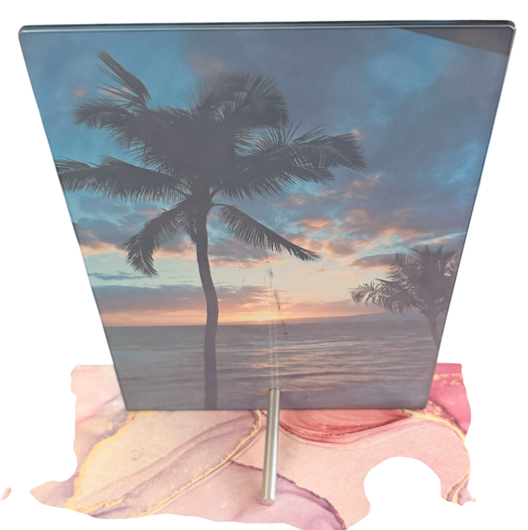 New Beautiful Tropical Sunset With Ocean & Palm Tree. 6" x 8" with Stand