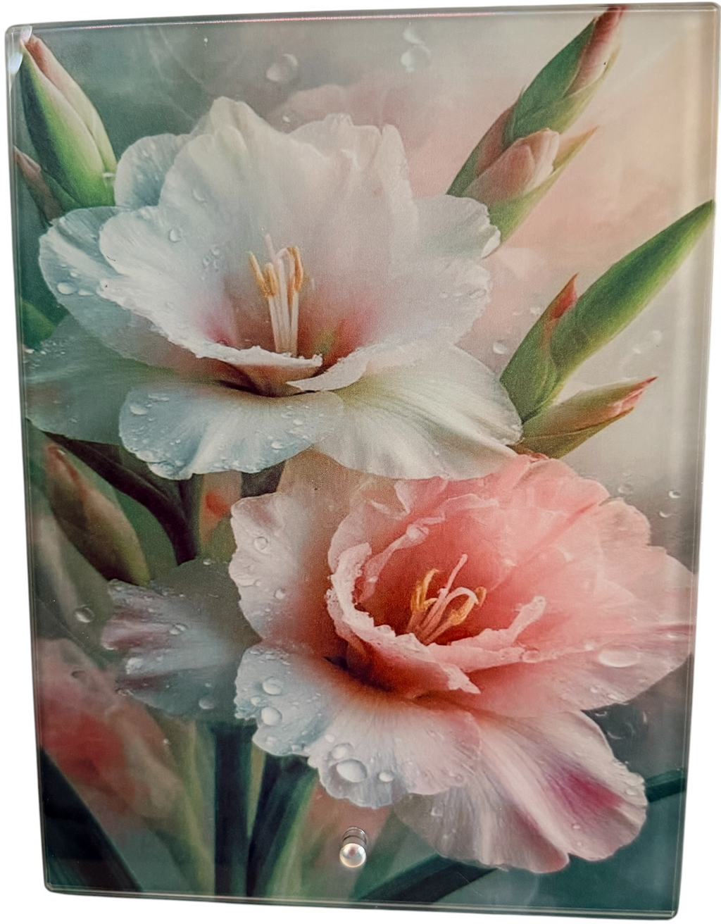 New Gorgeous Flowers Imprinted on Glass. 6" x 8" with Stand