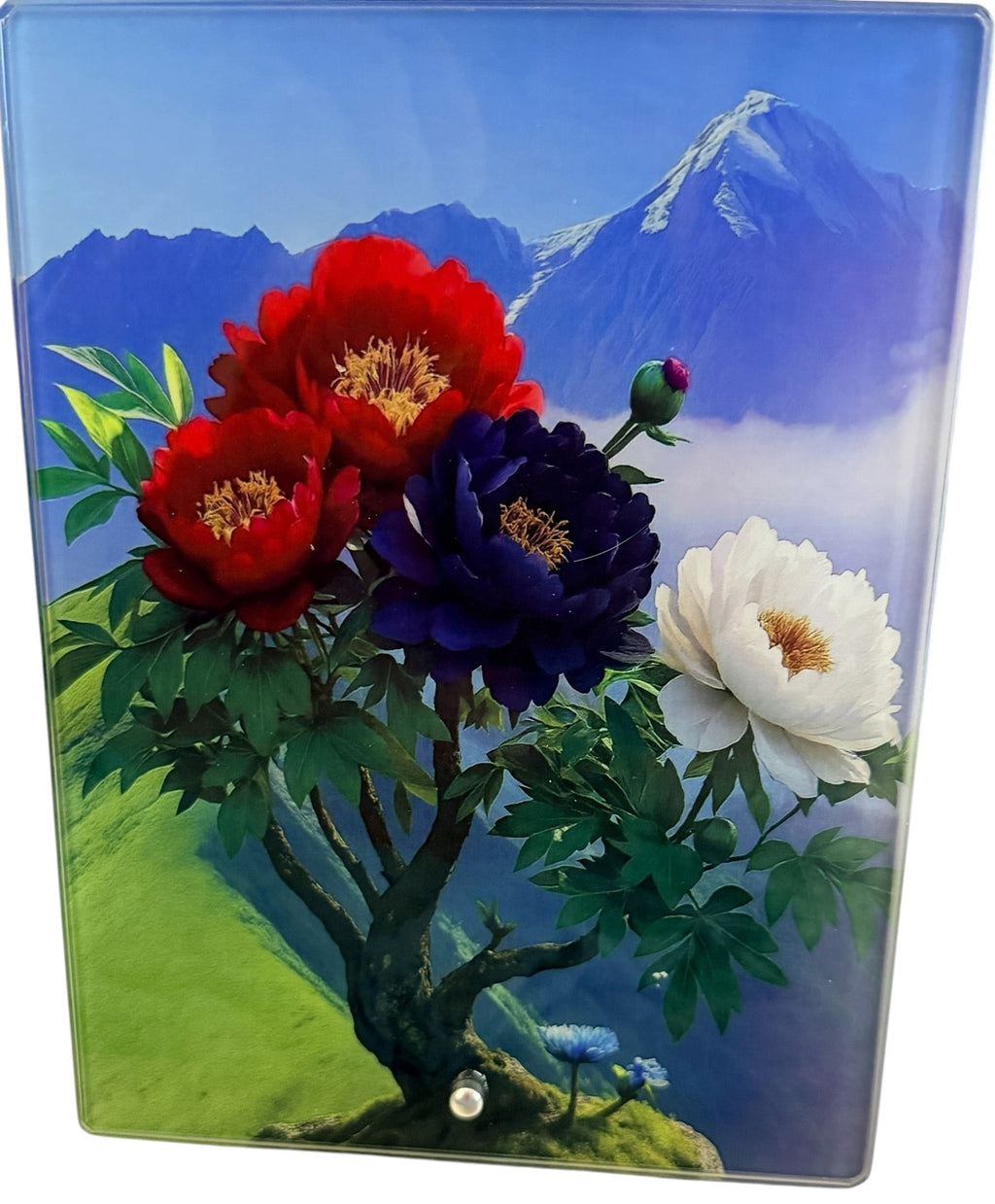 New Gorgeous Mountain and Flower Scene on Glass.