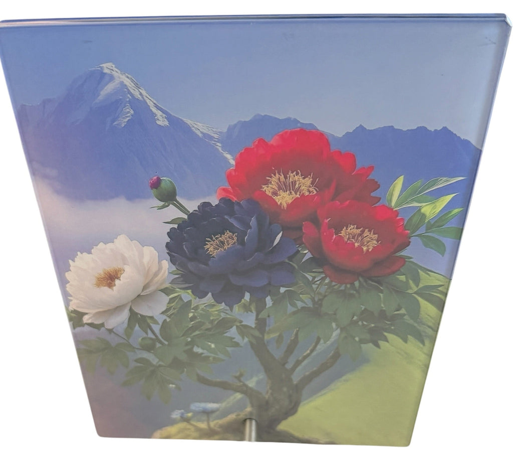 New Gorgeous Mountain and Flower Scene on Glass.
