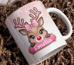 Christmas Reindeer Mugs Personalized with Name. Choose Blue or Pink